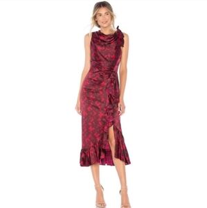 Cinq A Sept Nanon 100% Silk Cowl Neck Red Floral Ruffled Asymmetrical Midi Dress